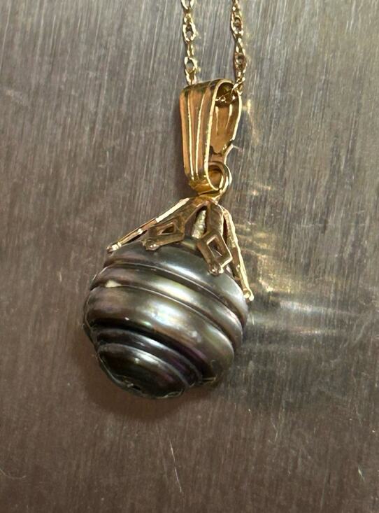 & Other Stories Jewelry - Vintage 14k Yellow Gold Baroque Dark Gray Pearl Art Deco pendant necklace 18.5”